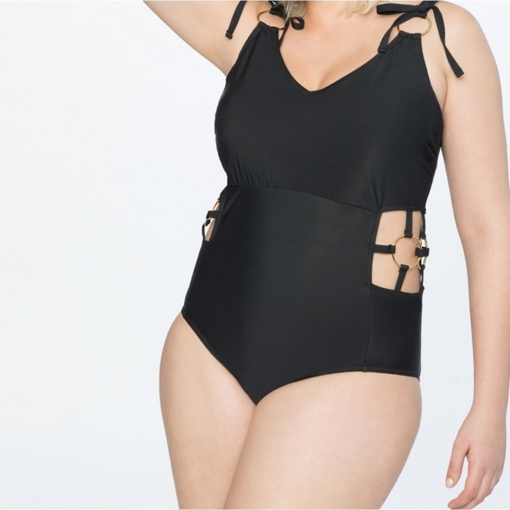 Eloquii 12W Black One Piece Swimsuit with Gold Circles